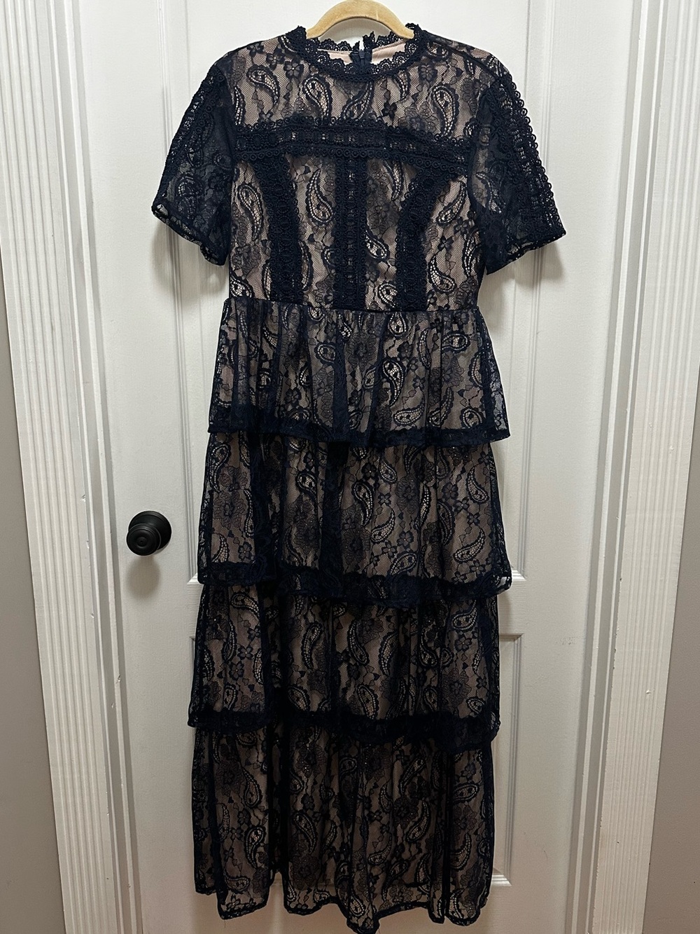 Tiered Navy Lace Midi Dress with Nude Lining